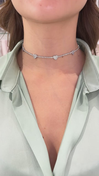 COLLANA CHOKER TENNIS CUORI ARGENTO